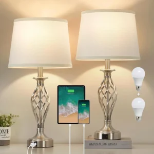 Table Lamp for Bedroom Set of 2 with USB C+A Ports, Bulb Included, Modern Bedside Lamps with Spiral Cage Base
