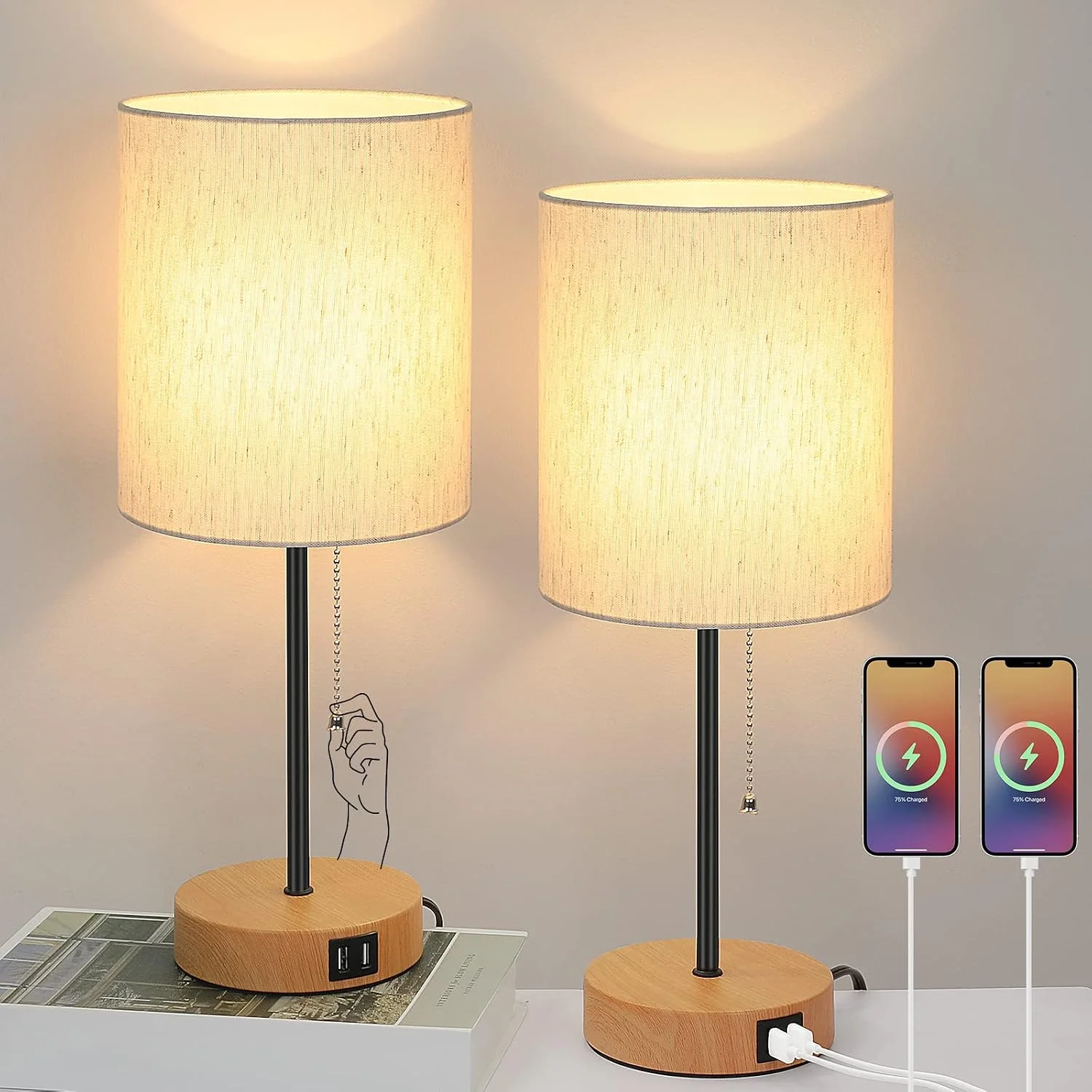 17.3¡¯¡¯ Table Lamps Set of 2 with 2 USB & AC Outlet, Pull Chain