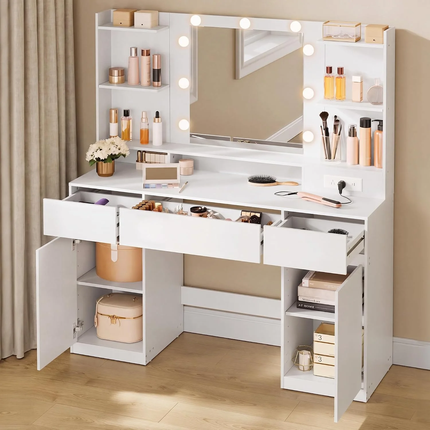 VASAGLE KAILYN Collection, Vanity Desk with Mirror and 9 LED Bulbs, Dressing Table with 9 Drawers - Image 4