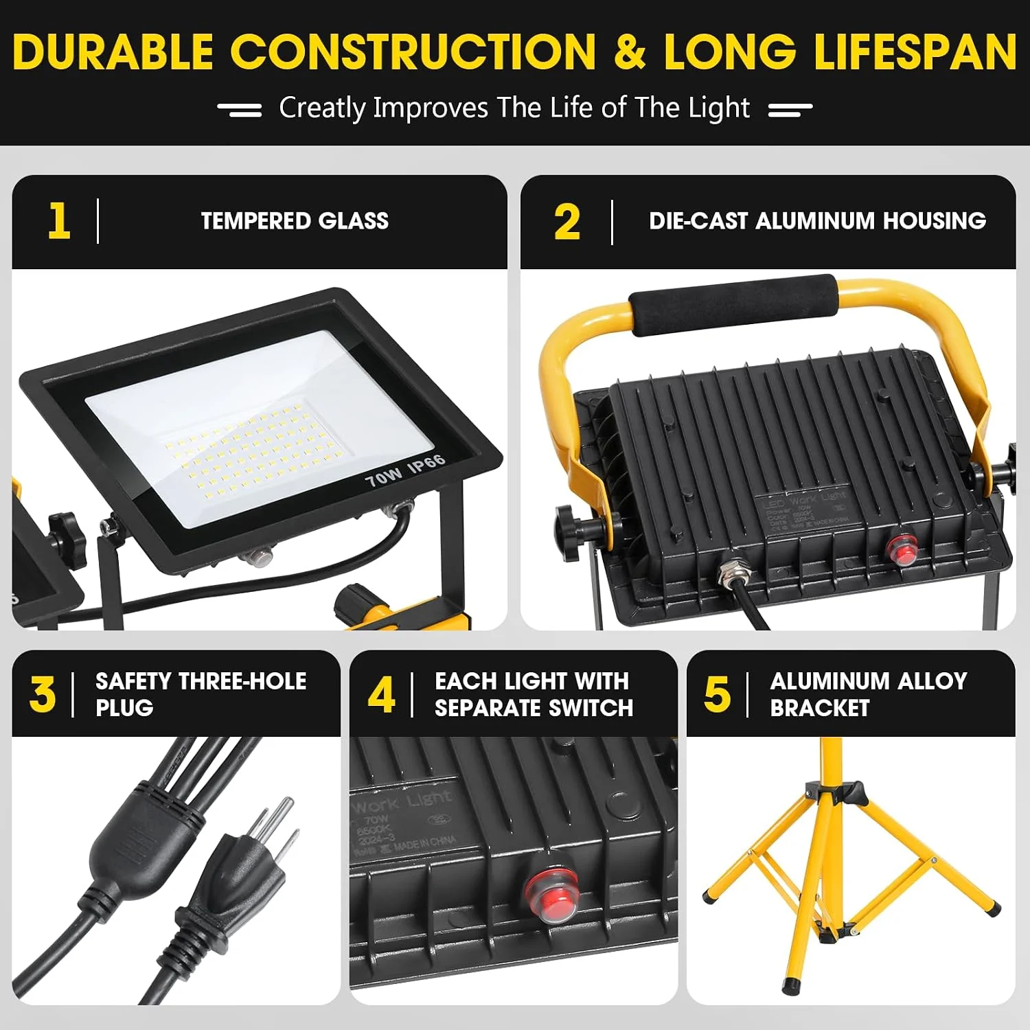 Zetunlo 21000Lumen LED Work Lights with Stand, 3 Head Portable Work Light with 16FT Cord, IP66 Waterproof Tripod - Image 4