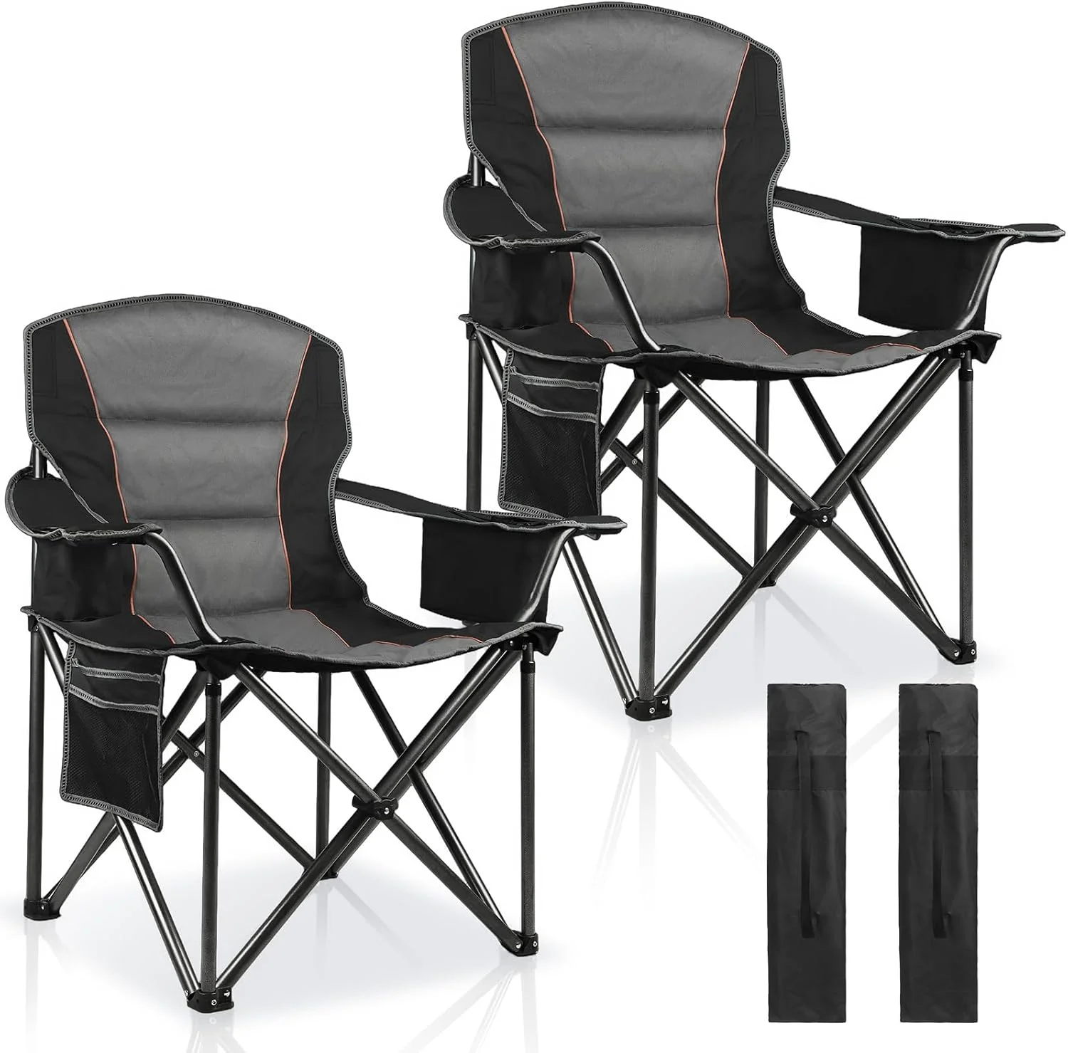 LANMOUNTAIN 2 Pack Padded Oversized Camping Chairs for Adults, Heavy Duty Support 400 Lbs, Folding Portable Lawn Chair