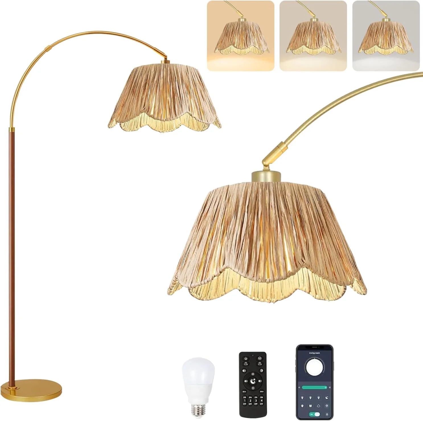 Arc Floor Lamp for Living Room Rattan Boho Floor Lamp with Remote Control, Dimmable, 3-Color Temperature - Image 3