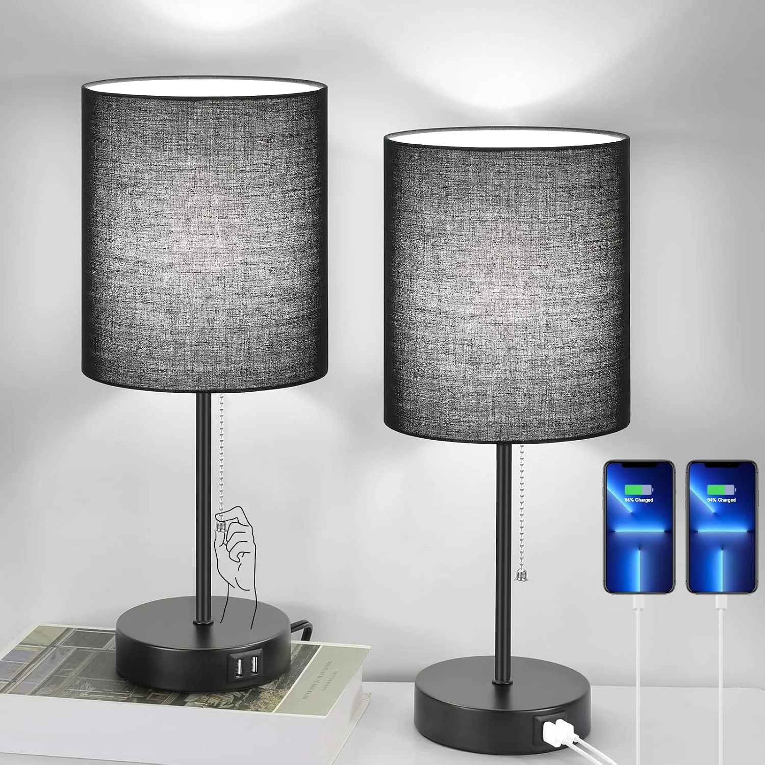 17.3¡¯¡¯ Table Lamps Set of 2 with 2 USB & AC Outlet, Pull Chain - Image 2