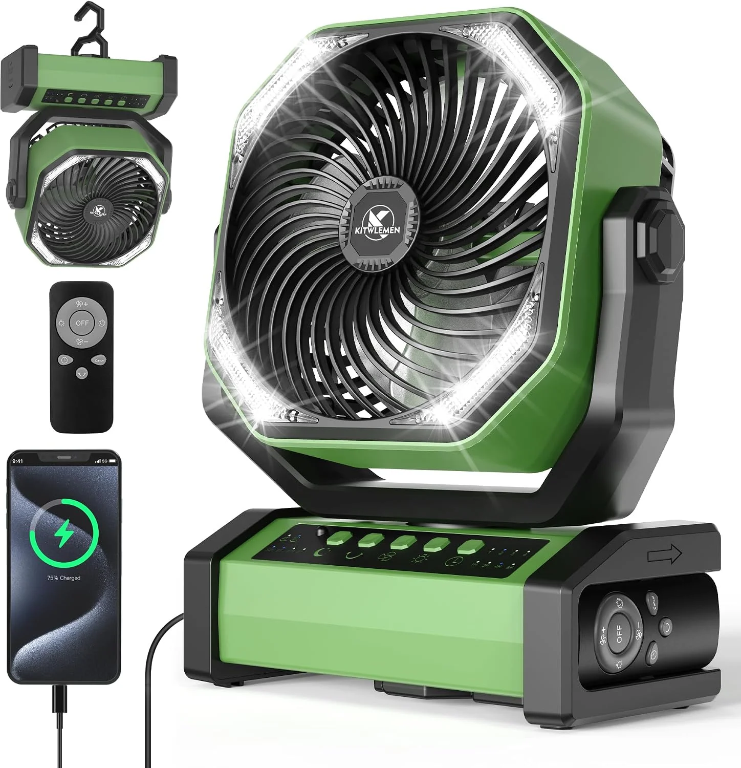 Camping Fan with Light, 20000mAh Rechargeable Battery Tent Fan, 112Hrs Max, 8 Speeds, 270° Pivot & Hook for Garage - Image 5