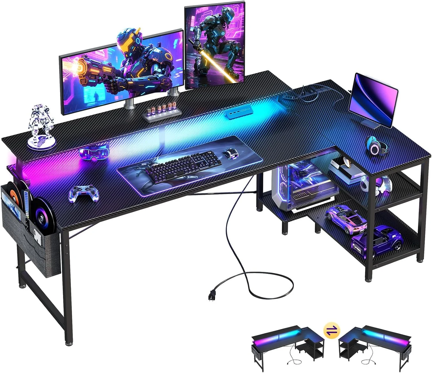 ODK 48 Inch Gaming Desk with USB Charging Ports and LED Lights, Reversible L Shaped Computer Desk with Storage Shelves & - Image 2