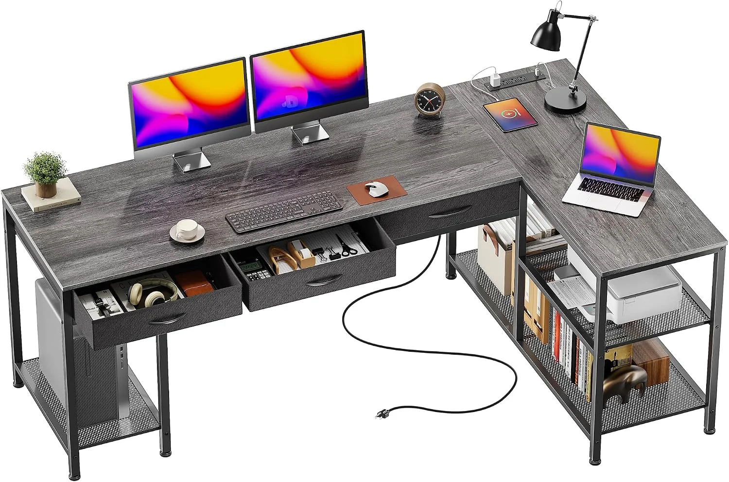 PRAISUN 55 Inch L Shaped Office Desk with Power Outlets and Type-C Port, Large Computer Gaming Desk with 3 Fabric - Image 7