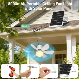 Alternative view of Solar Fan for Gazebo with Light, 18000mAh Rechargeable Solar Powered Patio Ceiling Fan with Remote