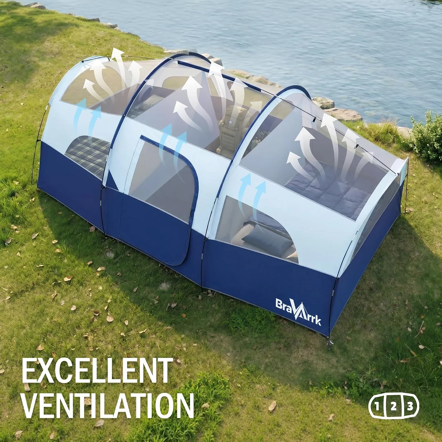 BravArrk Camping Tent for 8 Person, PU3000MM Waterproof Family Tent with Rainfly, Large Roomy 3 Room Camping Tents with - Image 4