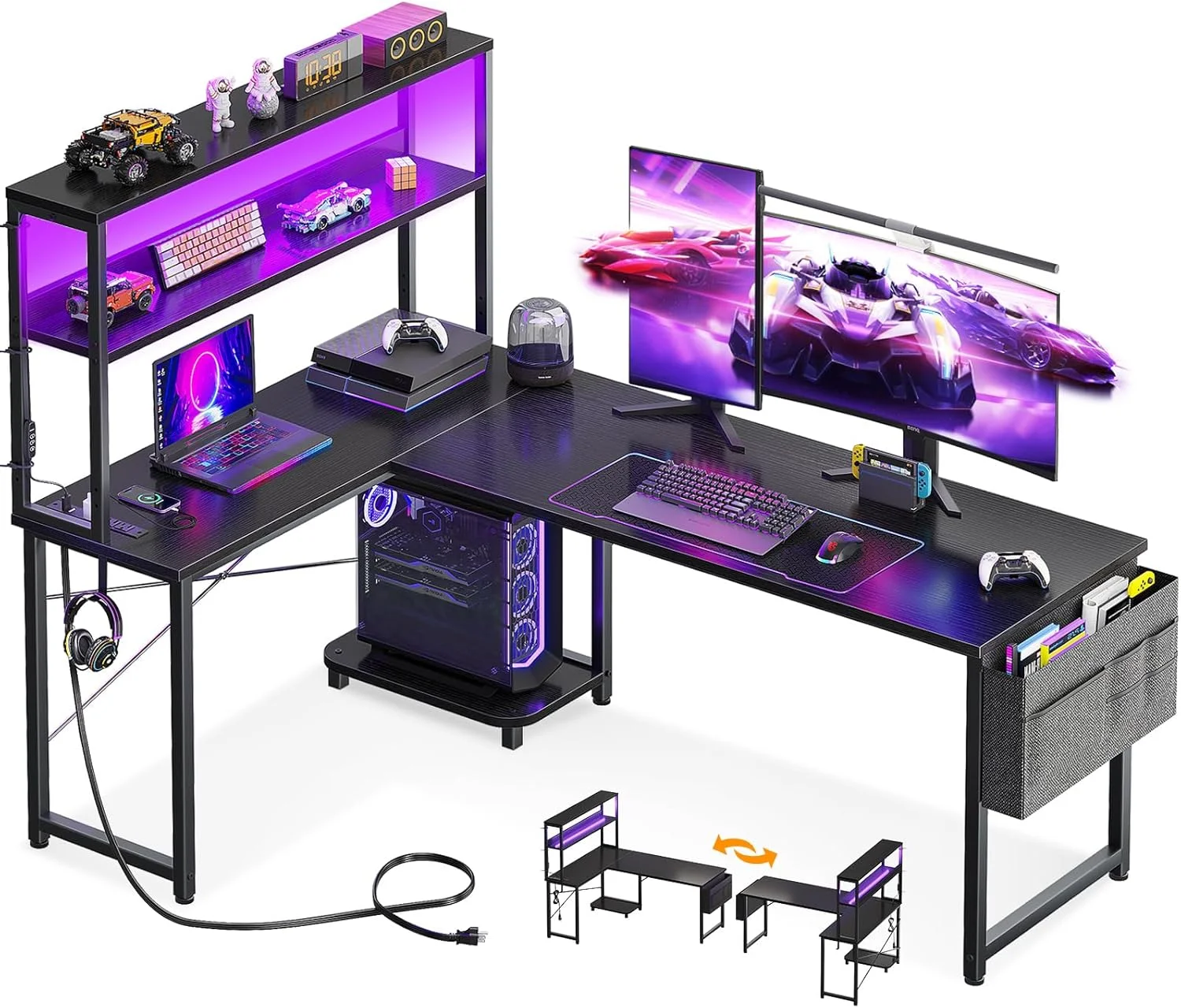 AODK L Shaped Desk Gaming Desk with LED Light & Power Outlet, 53 Inch Black Reversible L Shaped Computer Table with - Image 4