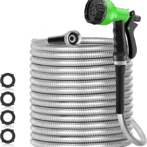 SPECILITE 100ft 304 Stainless Steel Garden Hose Metal, Heavy Duty Water Pipe with Nozzles for Yard