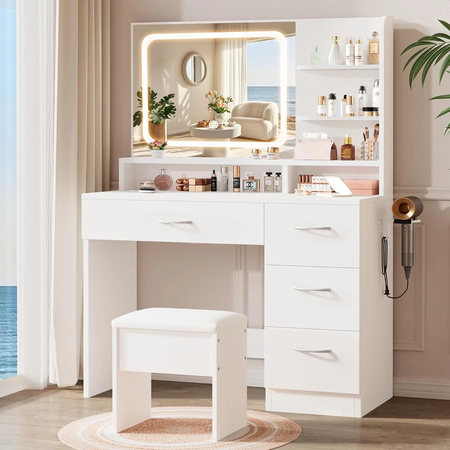 LIVELYGLOW White Makeup Vanity Desk with Charging Station & 4 Drawers, Smart LED Mirror - Image 4