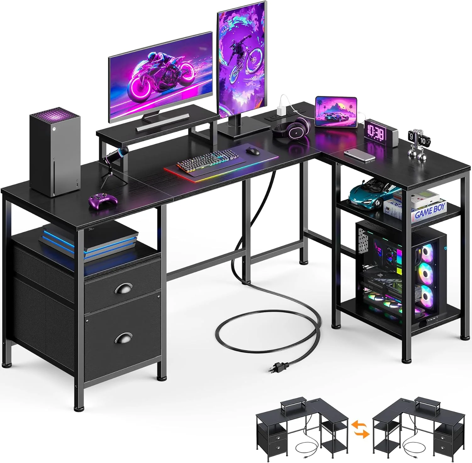 Furologee 66” L Shaped Desk with Power Outlet, Reversible Home Office Desk with File Drawer, 2 Monitor Stands - Image 5