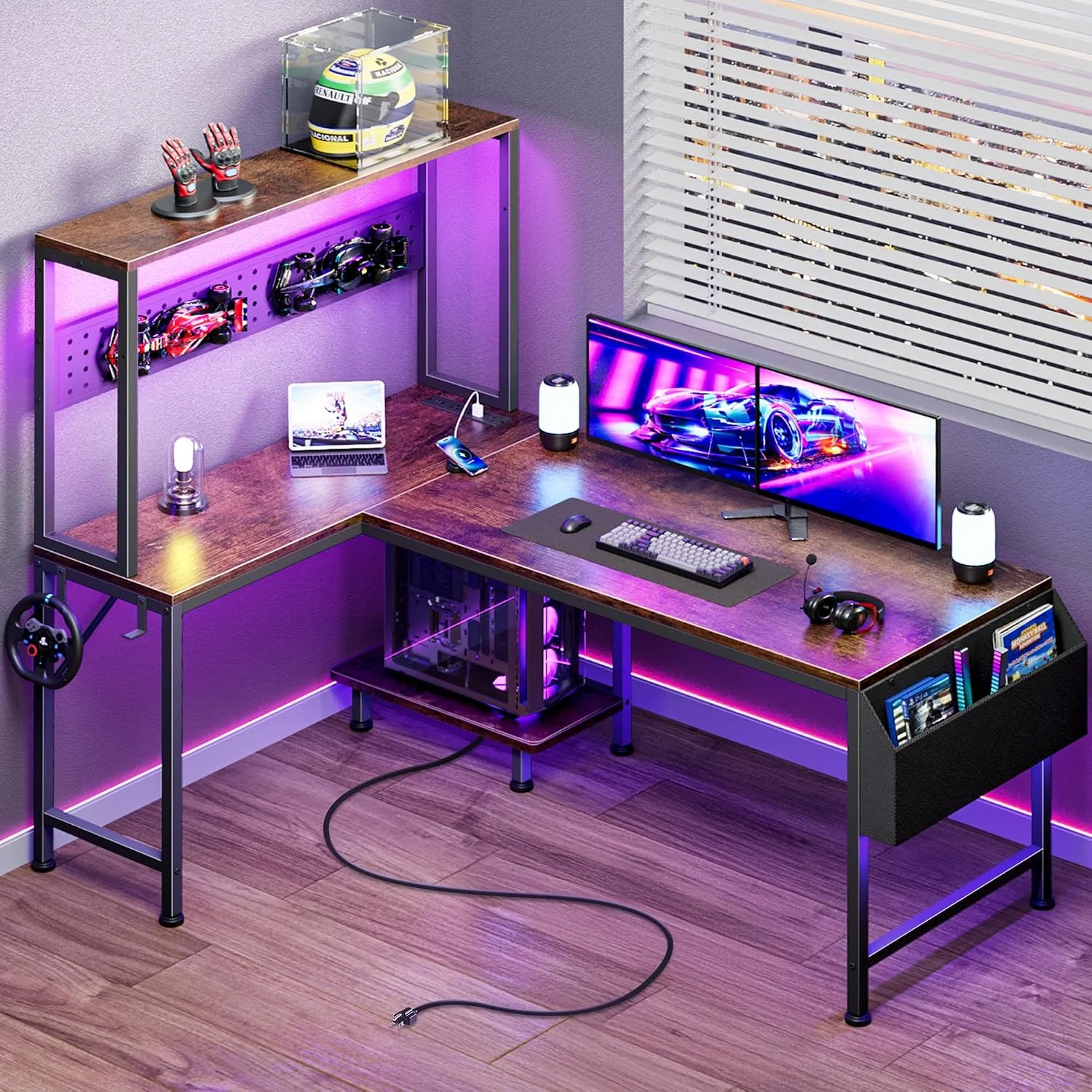 PRAISUN L Shaped Gaming Desk with LED Lights & Power Outlets, Reversible Computer Desk with Storage Shelves & Bag - Image 11