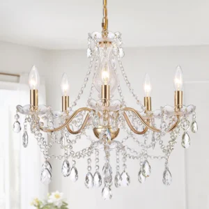 Alternative view of AMZASA Crystal Gold Chandelier, 5 Light, Glass Crystal Hanging Pendant Lighting