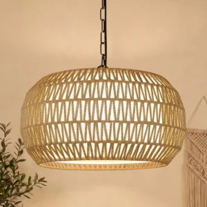 9-52 Height Adjustable Farmhouse Chandelier Light Fixture, 5-Light Rattan Boho Chandeliers for Dining Room