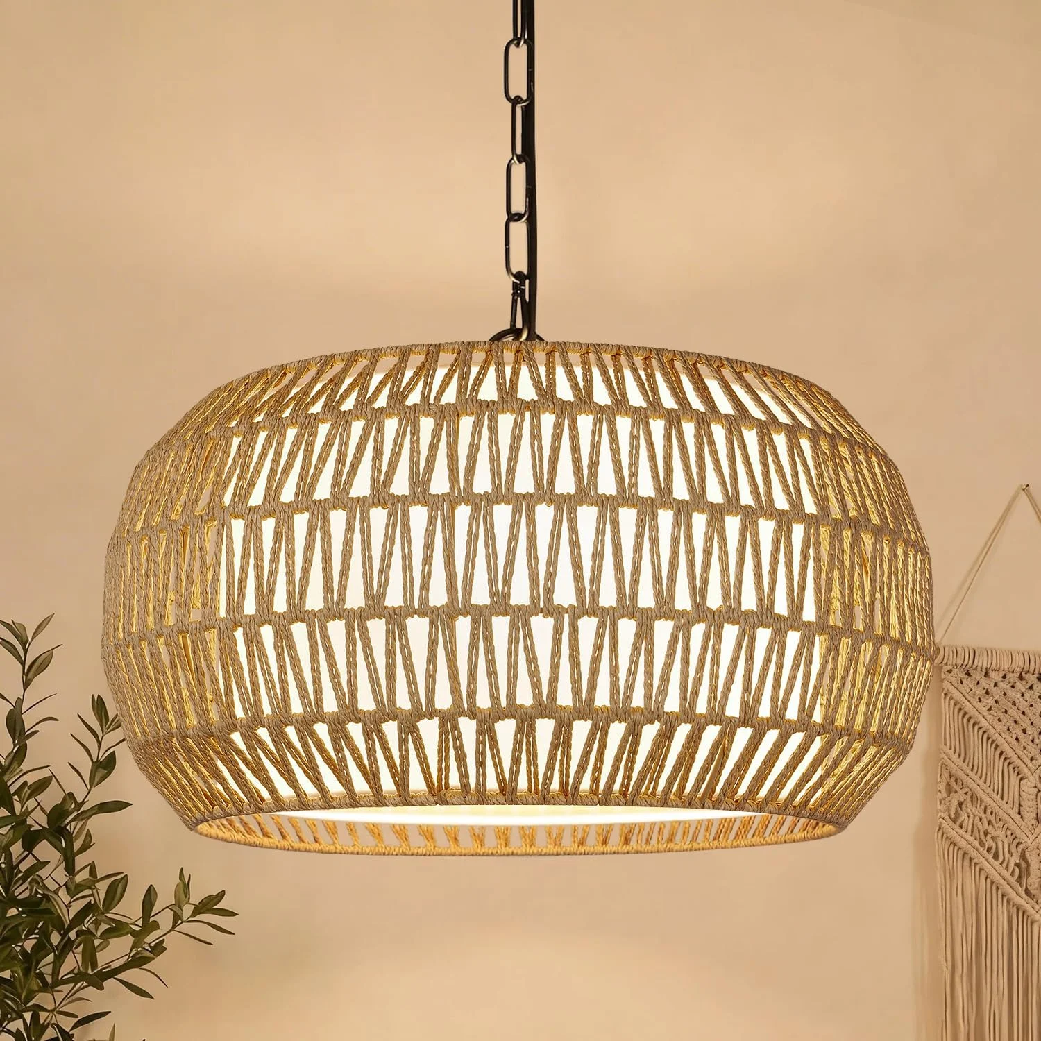 9-52 Height Adjustable Farmhouse Chandelier Light Fixture, 5-Light Rattan Boho Chandeliers for Dining Room