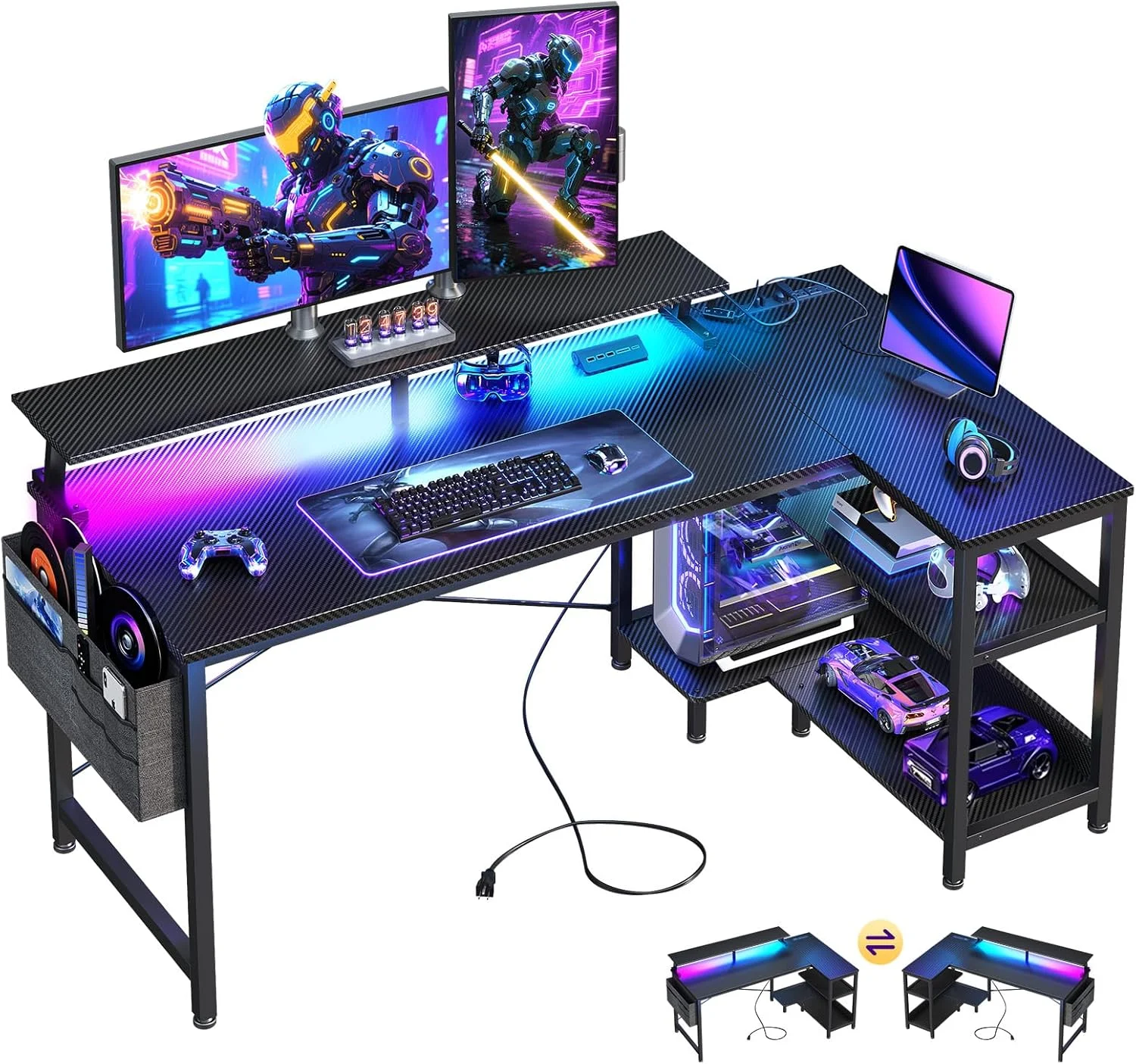 ODK 48 Inch Gaming Desk with USB Charging Ports and LED Lights, Reversible L Shaped Computer Desk with Storage Shelves & - Image 4