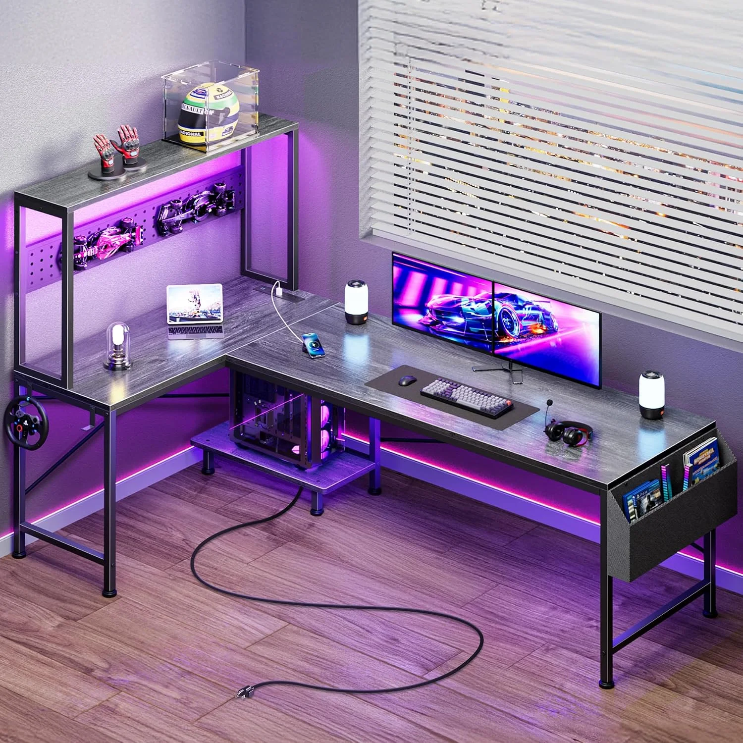 PRAISUN L Shaped Gaming Desk with LED Lights & Power Outlets, Reversible Computer Desk with Storage Shelves & Bag - Image 4