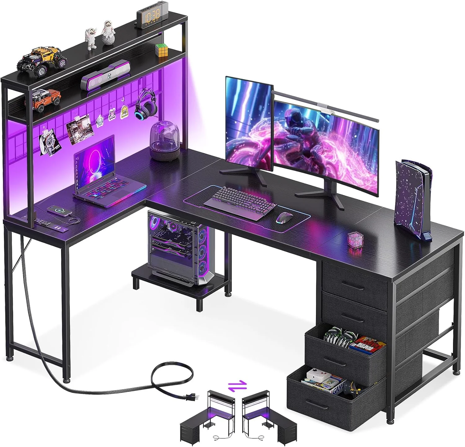 AODK L Shaped Desk Gaming Desk with LED Light & Power Outlet, 53 Inch Black Reversible L Shaped Computer Table with - Image 6