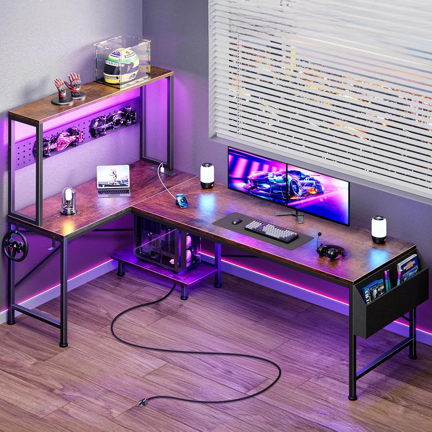 PRAISUN L Shaped Gaming Desk with LED Lights & Power Outlets, Reversible Computer Desk with Storage Shelves & Bag - Image 7