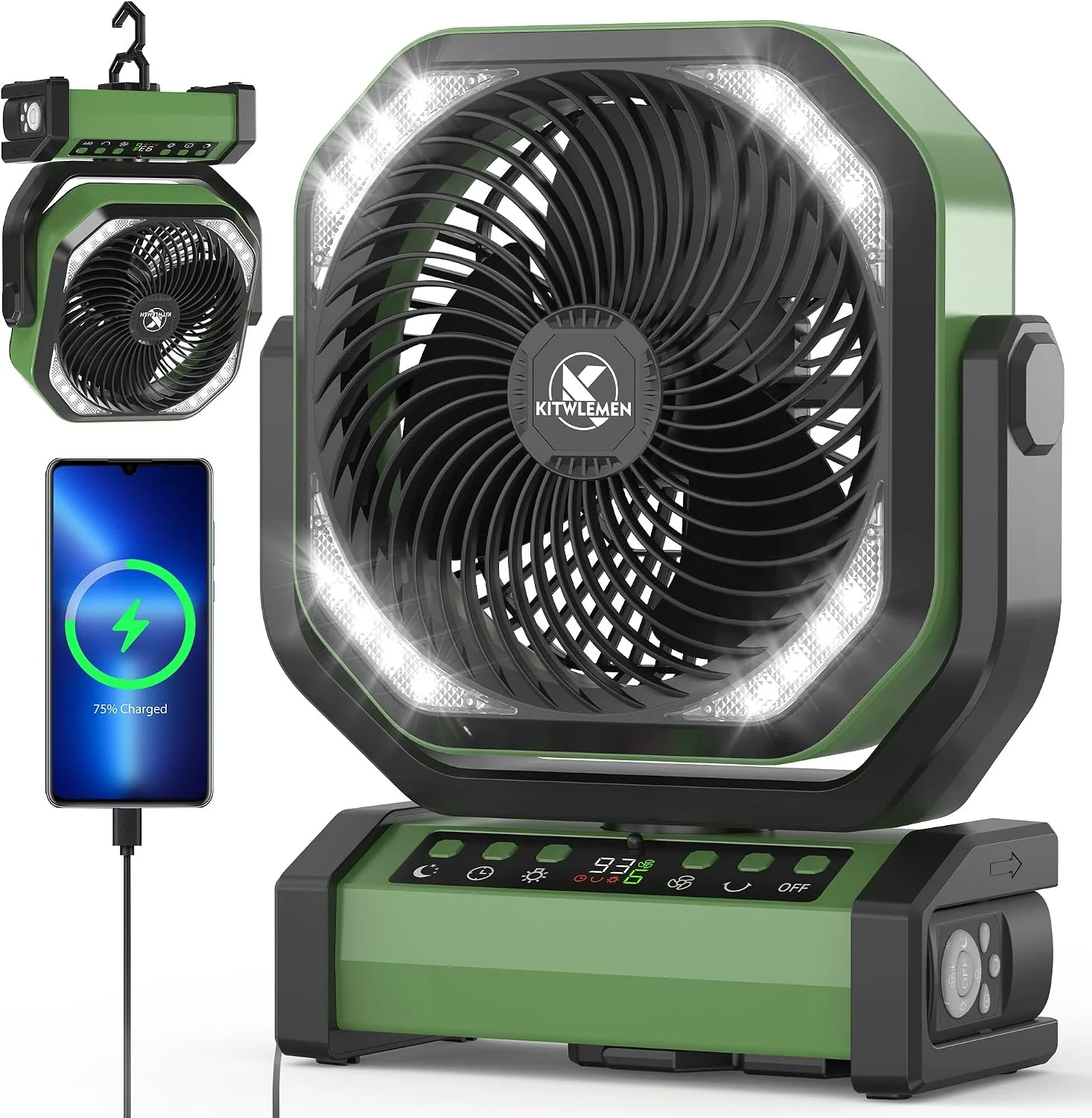 Camping Fan with Light, 20000mAh Rechargeable Battery Tent Fan, 112Hrs Max, 8 Speeds, 270° Pivot & Hook for Garage - Image 7