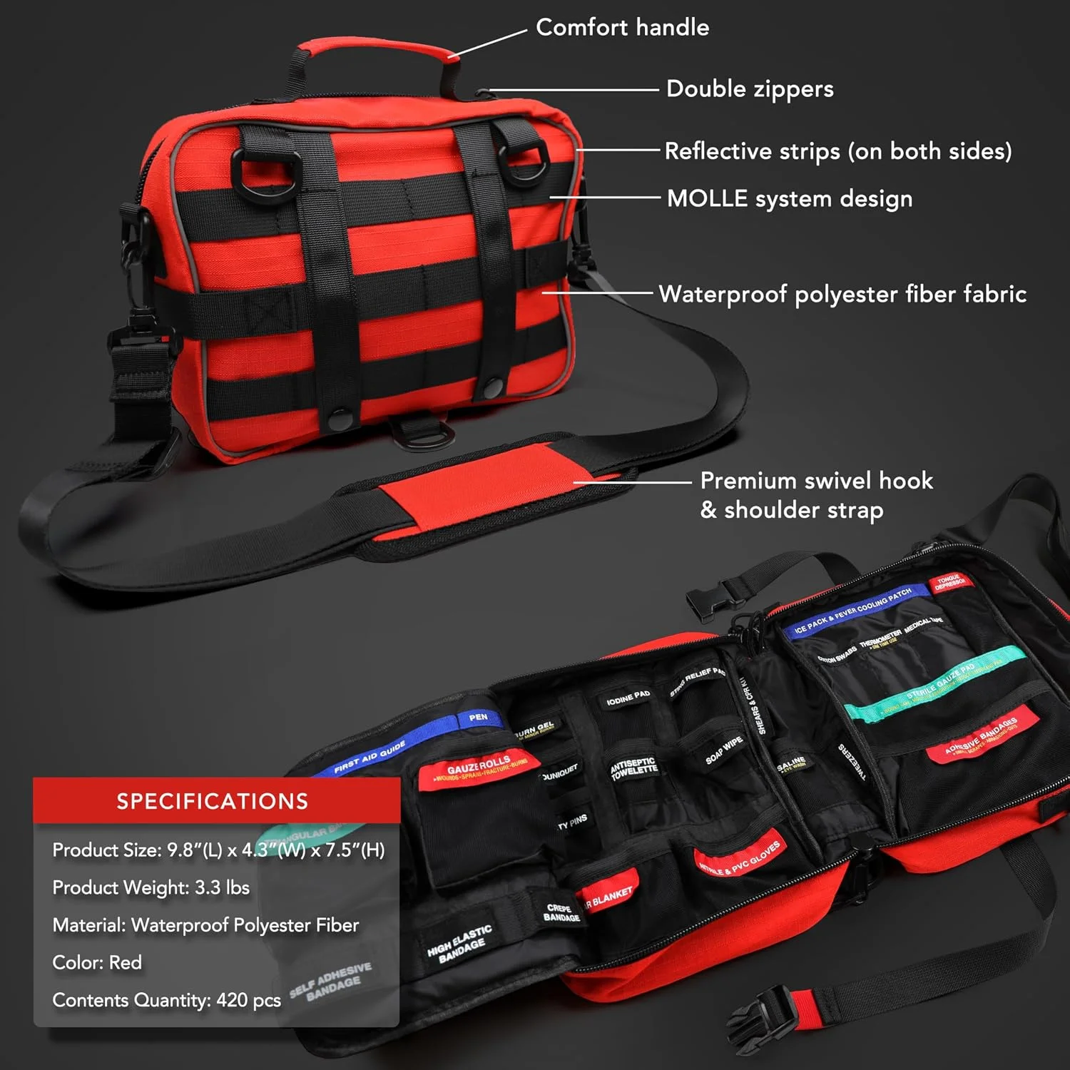 430 Piece First Aid Kit, Well-Organized Premium Waterproof Compact Trauma Medical Kits for Any Emergencies - Image 7