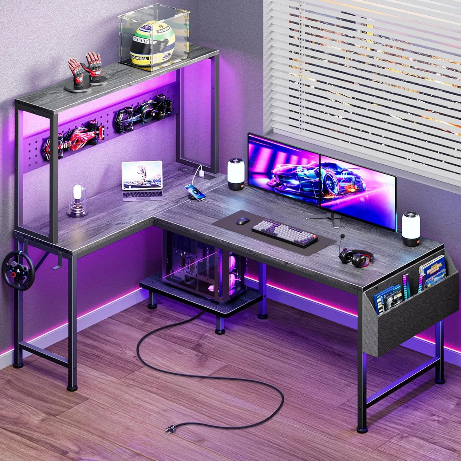 PRAISUN L Shaped Gaming Desk with LED Lights & Power Outlets, Reversible Computer Desk with Storage Shelves & Bag - Image 6