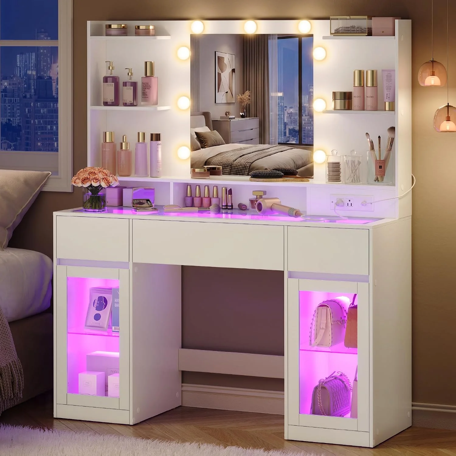 VASAGLE KAILYN Collection, Vanity Desk with Mirror and 9 LED Bulbs, Dressing Table with 9 Drawers - Image 5