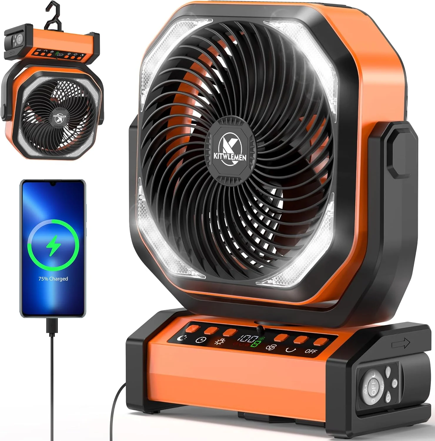 Camping Fan with Light, 20000mAh Rechargeable Battery Tent Fan, 112Hrs Max, 8 Speeds, 270° Pivot & Hook for Garage - Image 2