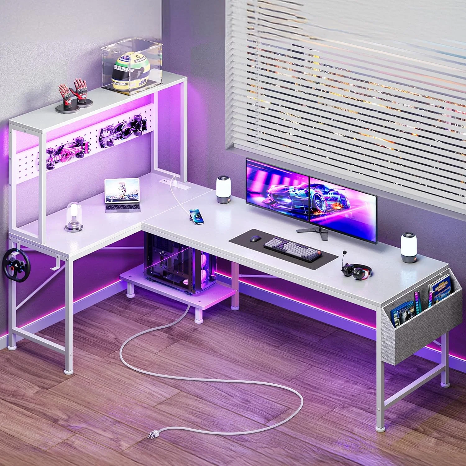 PRAISUN L Shaped Gaming Desk with LED Lights & Power Outlets, Reversible Computer Desk with Storage Shelves & Bag - Image 8