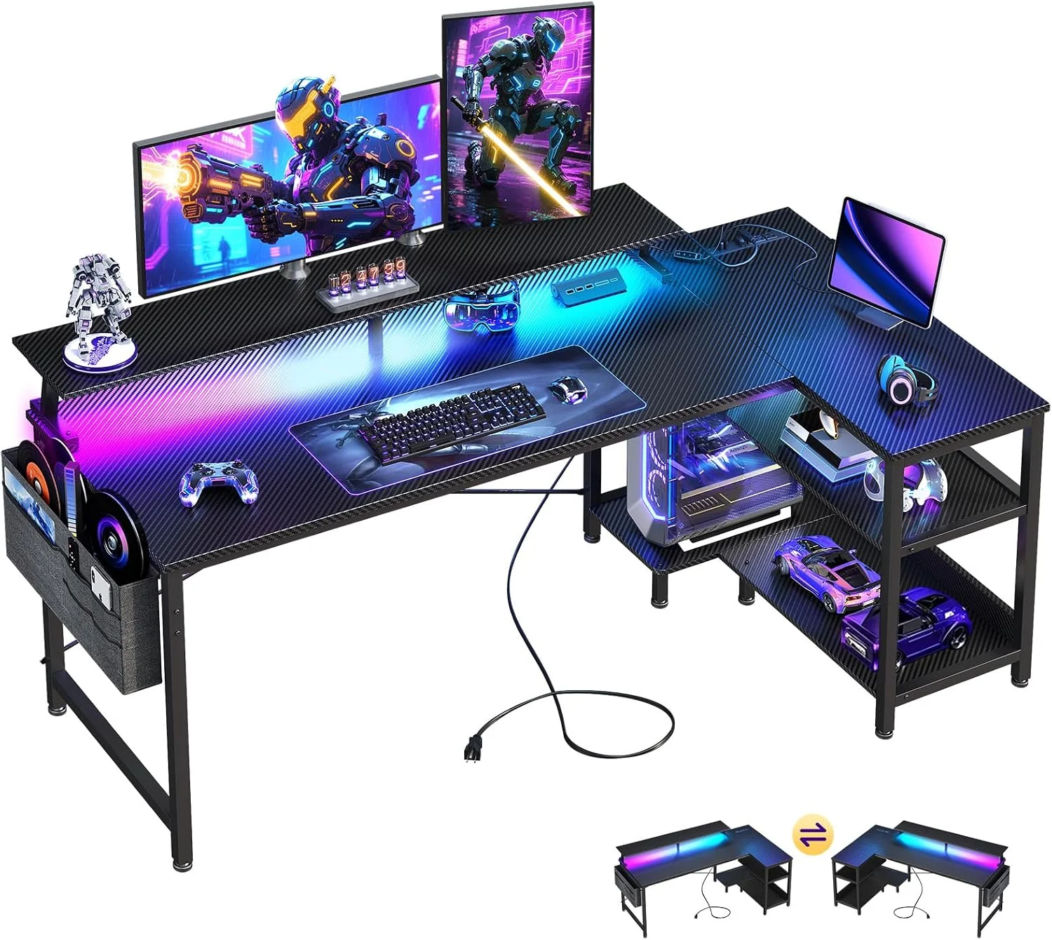 ODK 48 Inch Gaming Desk with USB Charging Ports and LED Lights, Reversible L Shaped Computer Desk with Storage Shelves &