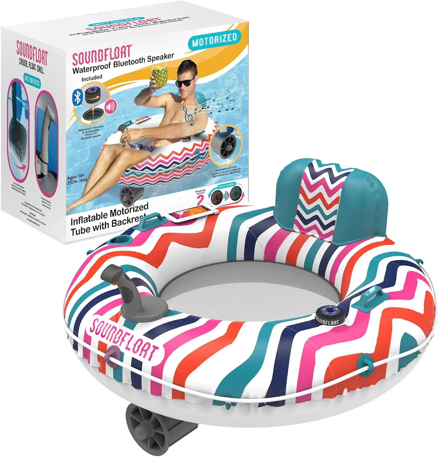 Inspired Living Motorized Inflatable Pool Float Lounger Tube, Bluetooth 5 IPX7 Waterproof Speaker, 66W Motor