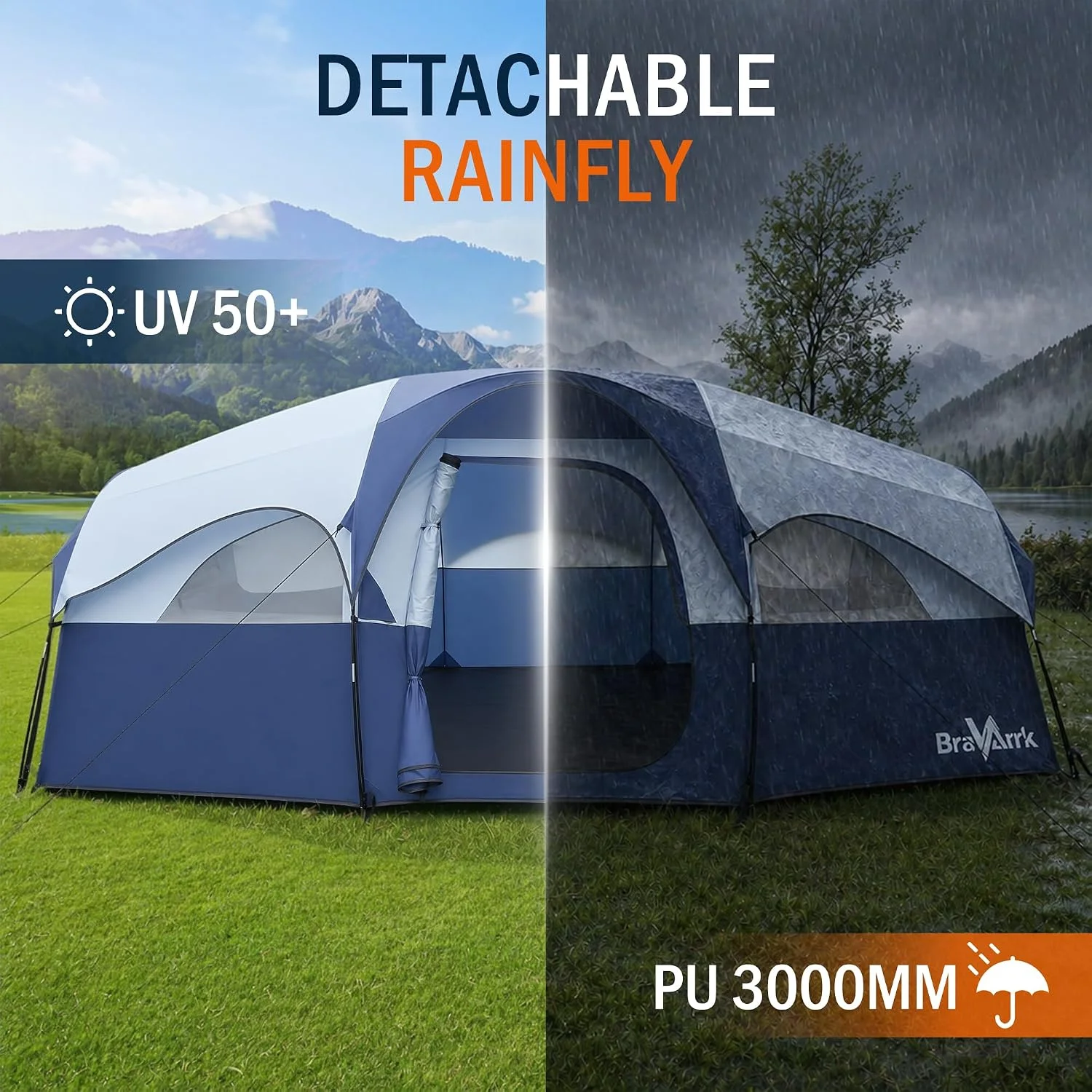 BravArrk Camping Tent for 8 Person, PU3000MM Waterproof Family Tent with Rainfly, Large Roomy 3 Room Camping Tents with - Image 7