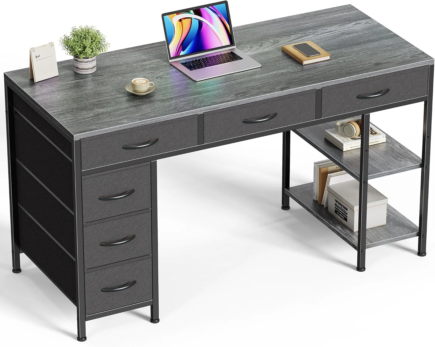 Huuger Computer Desk with 6 Drawers, Office Desk with Shelves, 47inch