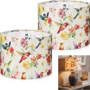 Alternative view of Hortsun 2 Pack Chinoiserie Drum Lamp Shade 13 x 13 x 10 Inch Cream Linen Lampshade with Exquisite Bird Floral Lining