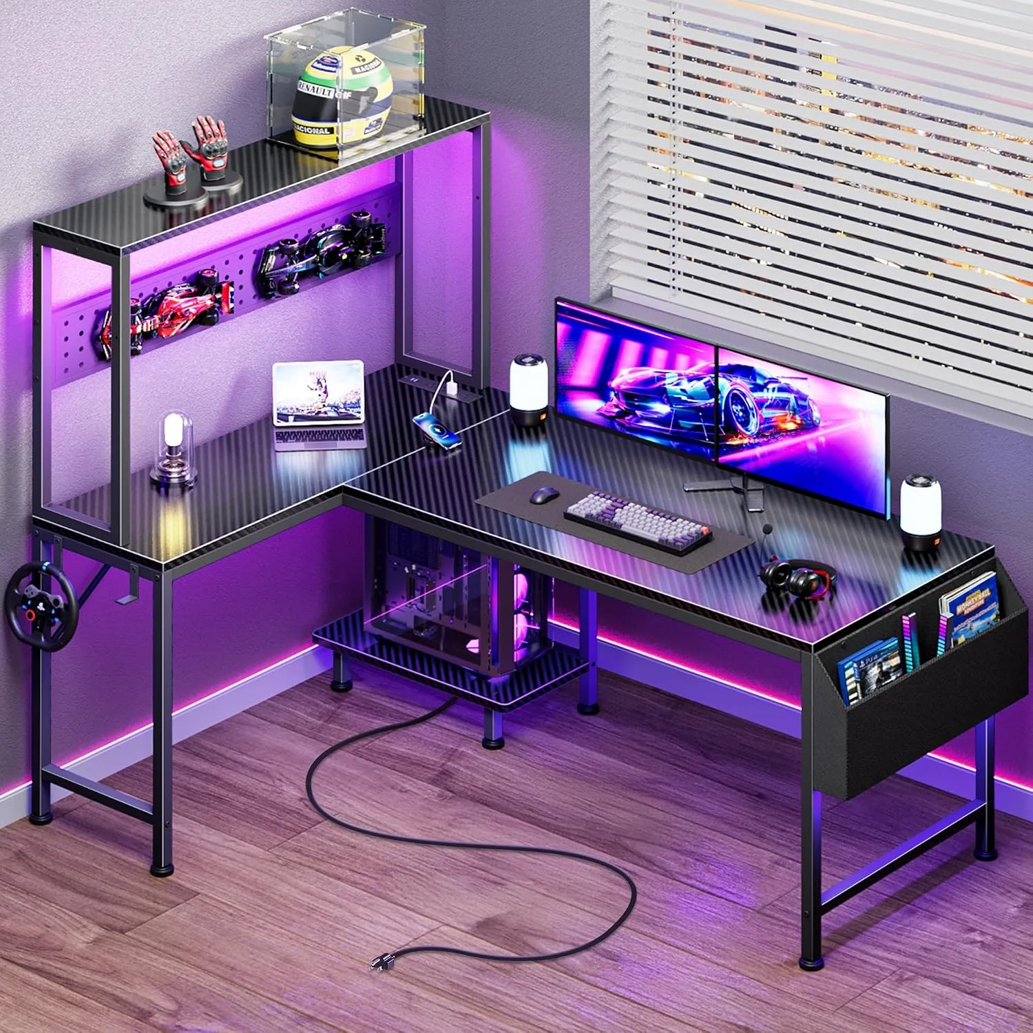 PRAISUN L Shaped Gaming Desk with LED Lights & Power Outlets, Reversible Computer Desk with Storage Shelves & Bag - Image 5