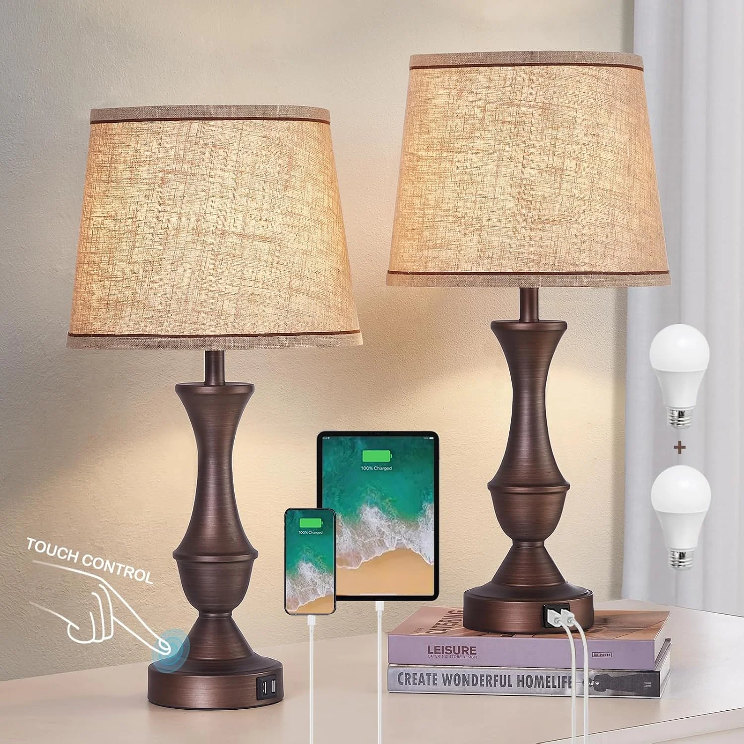 Luvkczc Table Lamp Set of 2, 19 Farmhouse Vintage Bedside Lamps for Living Room & Bedroom - Image 8