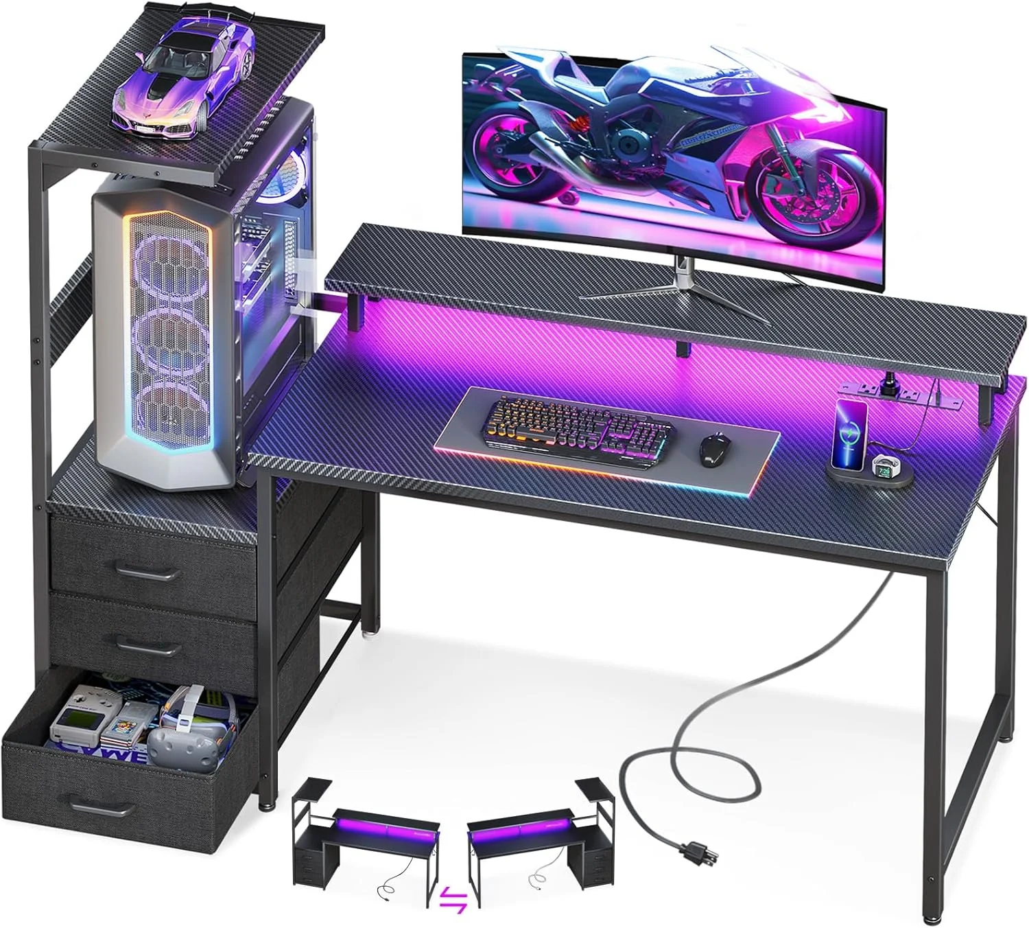 AODK Gaming Desk w/PC Showcase Stand, 59 Reversible, Elevated stand fits Lian Li O11, Hyte Y60. Triple drawers hide - Image 3