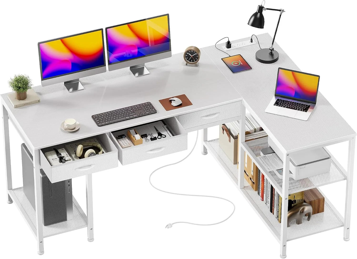 PRAISUN 55 Inch L Shaped Office Desk with Power Outlets and Type-C Port, Large Computer Gaming Desk with 3 Fabric