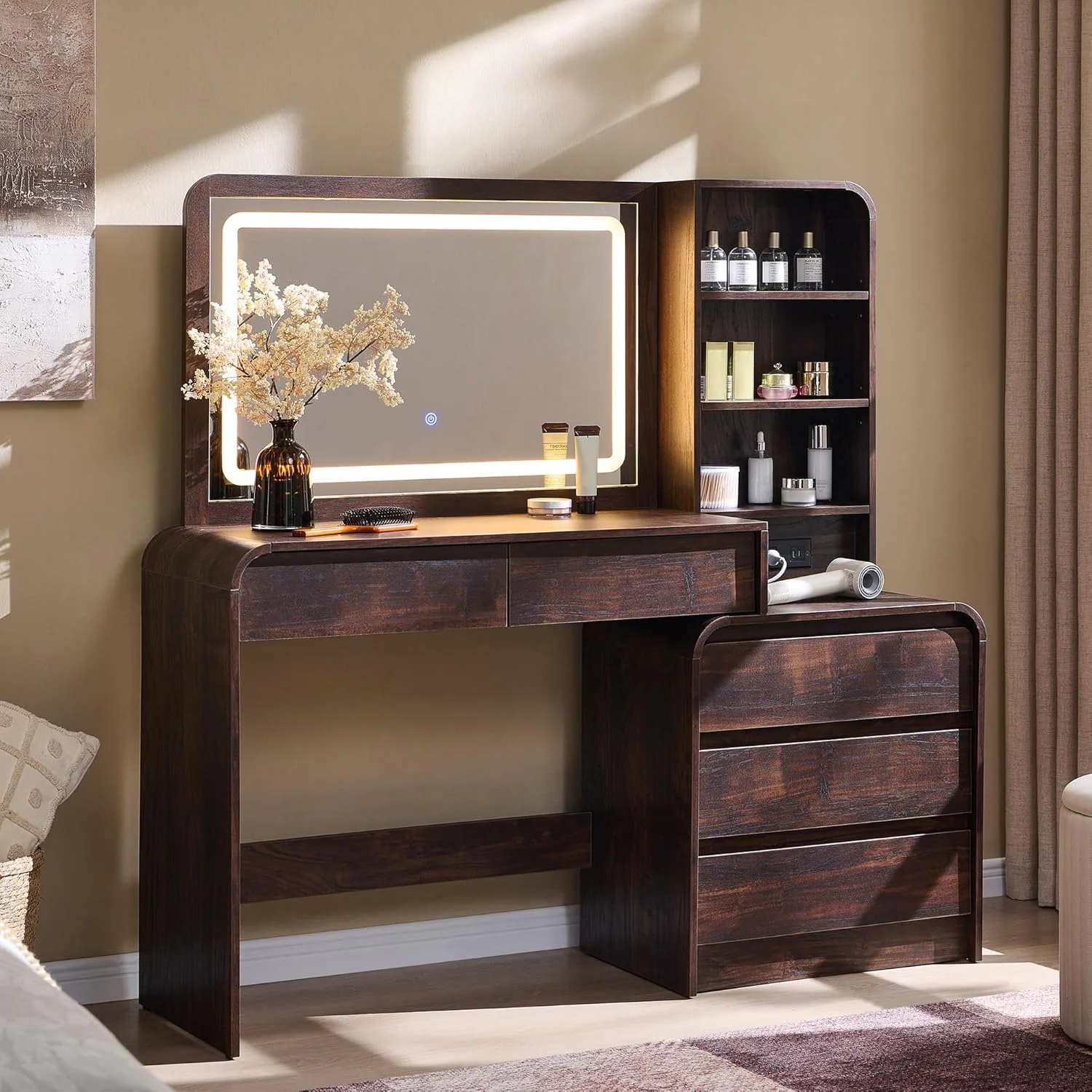 Aitjunz Vanity Desk with Mirror and Lights, 50” Modren Makeup Vanity with 35.43 Mirror and 5 Drawers