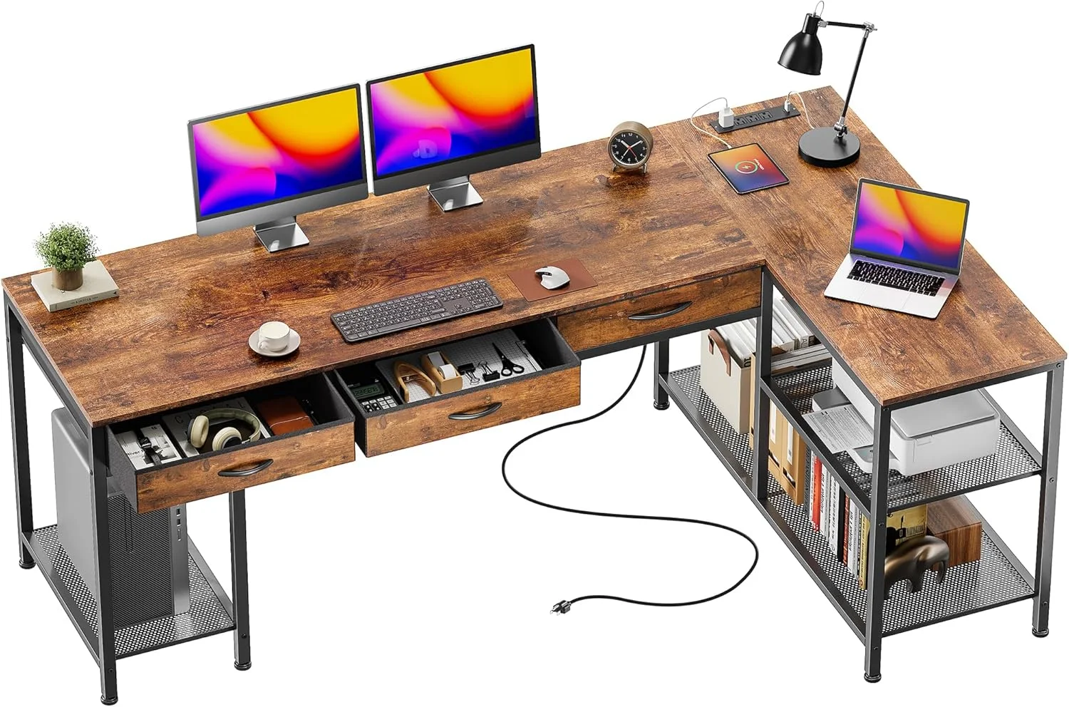 PRAISUN 55 Inch L Shaped Office Desk with Power Outlets and Type-C Port, Large Computer Gaming Desk with 3 Fabric - Image 8