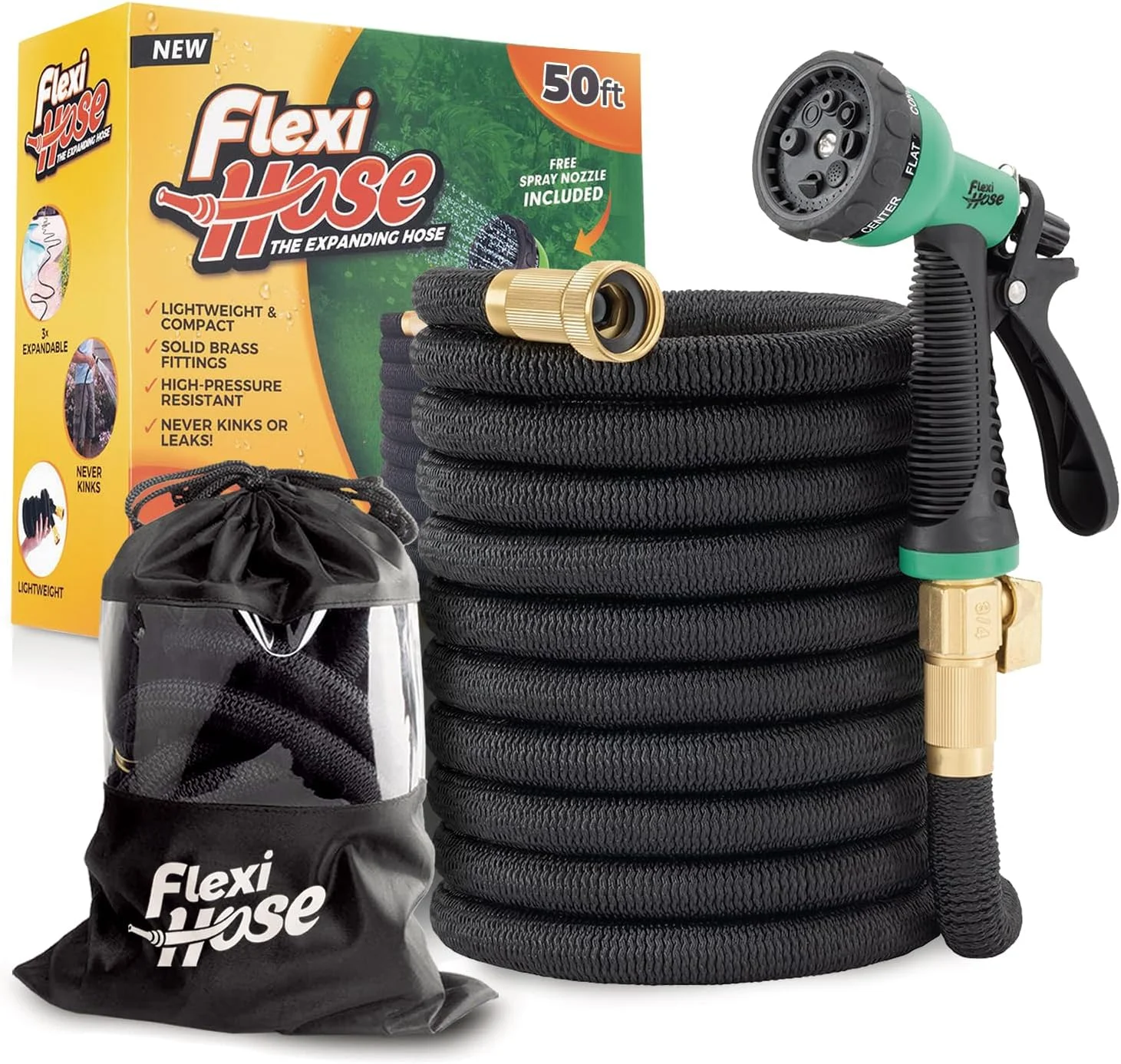 Flexi Hose Plus Expandable Garden Hose with 8 Function Nozzle, 100FT, Lightweight Retractable Garden Hose