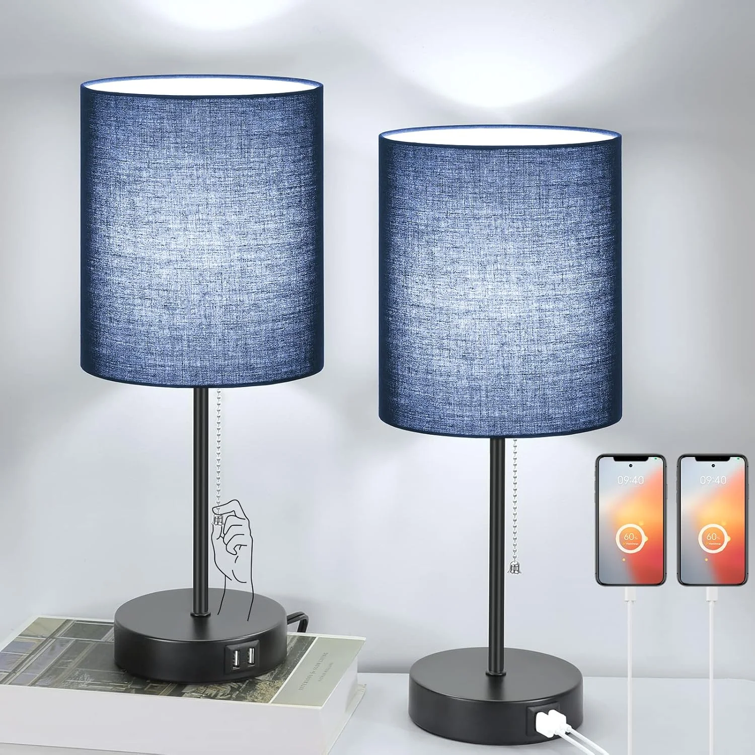 17.3¡¯¡¯ Table Lamps Set of 2 with 2 USB & AC Outlet, Pull Chain - Image 6