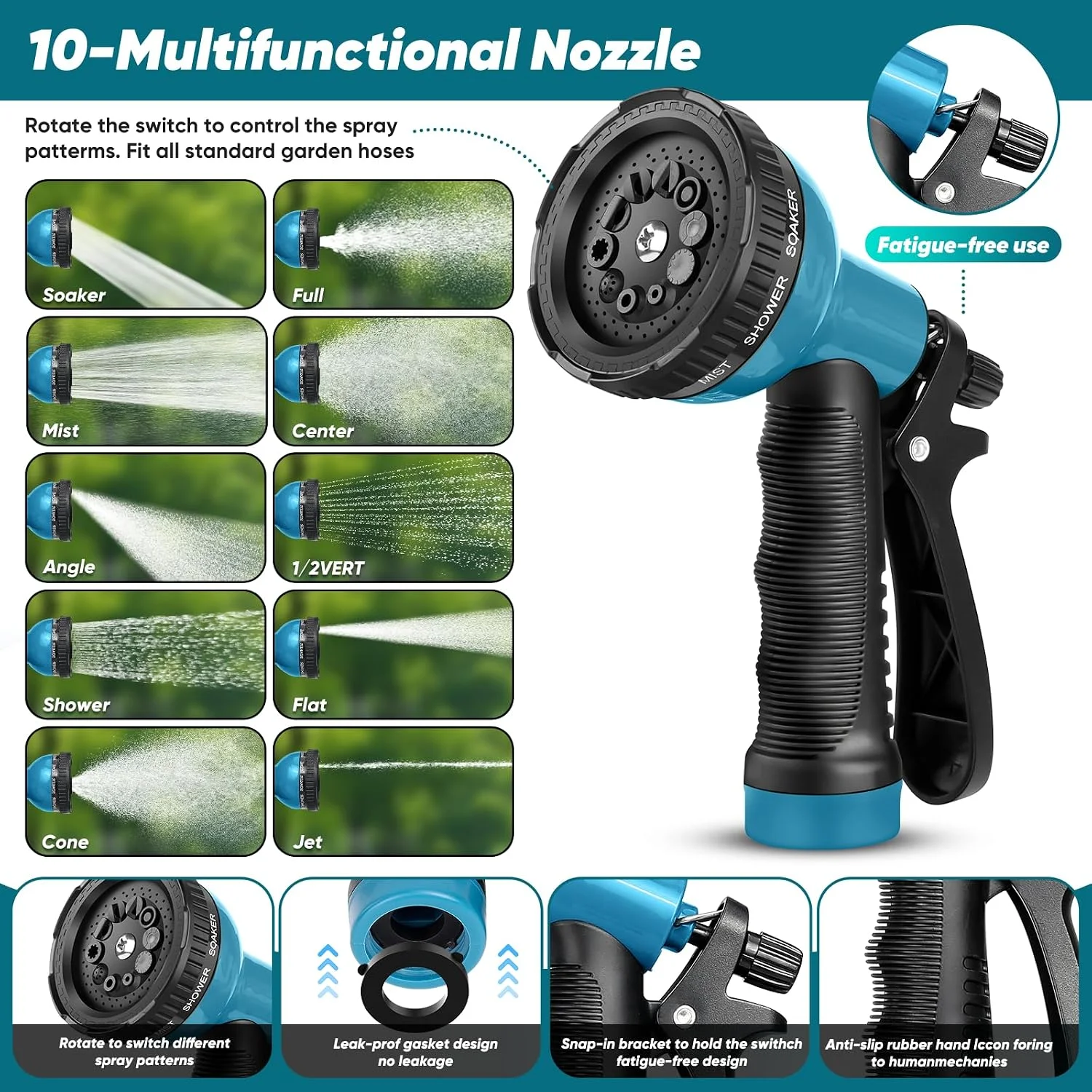 Garden Hose 100FT, Non-Expanding Lightweight Water Hose With 10-Function Nozzle, 3/4GHT - Image 8