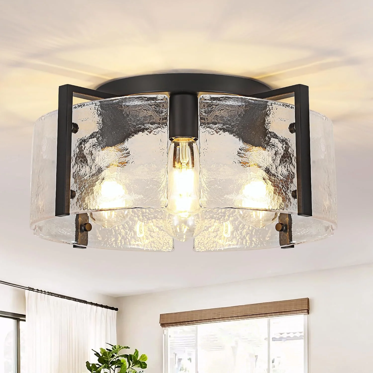 ZXFDWB Modern Gold Semi Flush Mount Ceiling Light, Dimmable, 3-Light Farmhouse Glass Drum Light Fixture