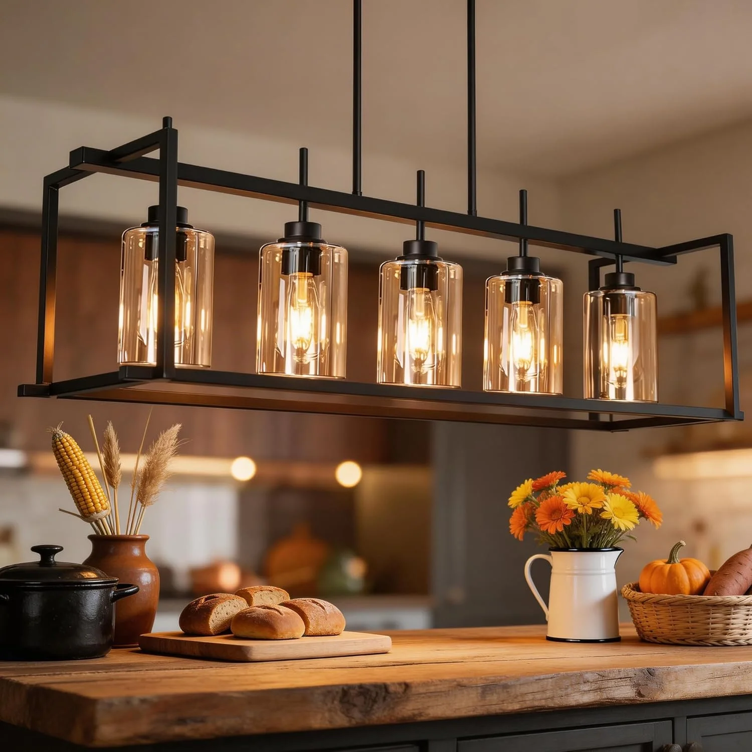 4-Light Kitchen Island Lighting, Farmhouse Chandelier with Adjustable Height & Clear Glass Shades - Image 12