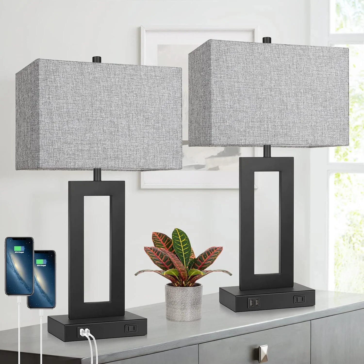 Set of 2 Touch Control Table Lamp with 2 USB Ports, Dimmable - Image 8