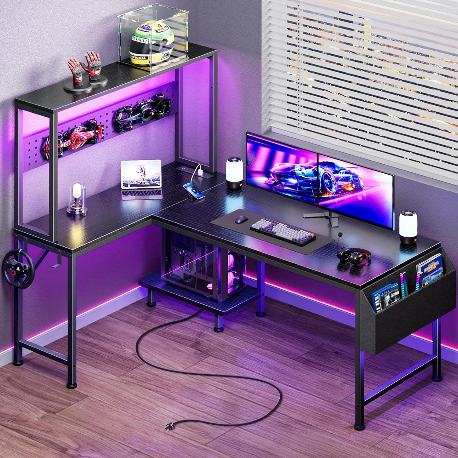PRAISUN L Shaped Gaming Desk with LED Lights & Power Outlets, Reversible Computer Desk with Storage Shelves & Bag