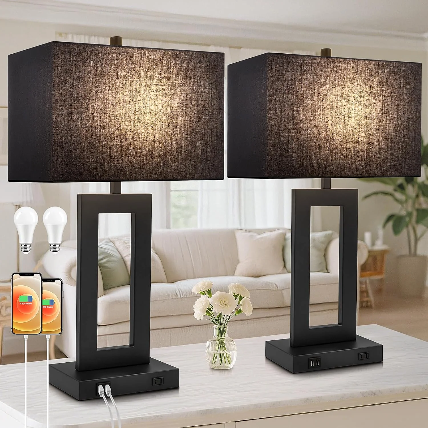 Set of 2 Touch Control Table Lamp with 2 USB Ports, Dimmable - Image 4