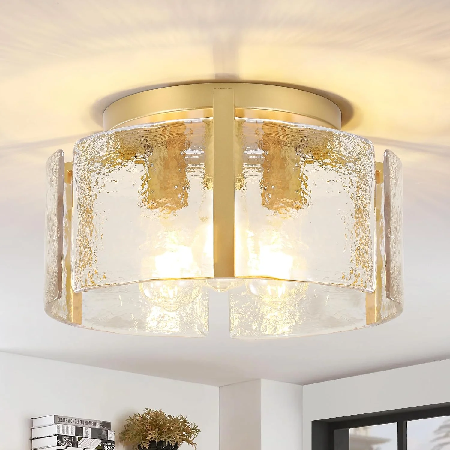 ZXFDWB Modern Gold Semi Flush Mount Ceiling Light, Dimmable, 3-Light Farmhouse Glass Drum Light Fixture - Image 5